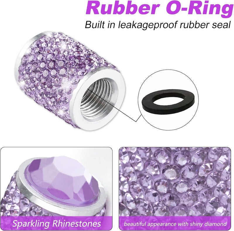 alpmosn Car Wheel Tire Valve Caps, 4 PCS Bling Tire Valve Caps, Crystal Tire Caps Shinny Rhinestone for Women, Universal Car Dustproof Tire Valve Caps for Cars, Trucks, SUV and Motorcycles (Purple) - Image 2